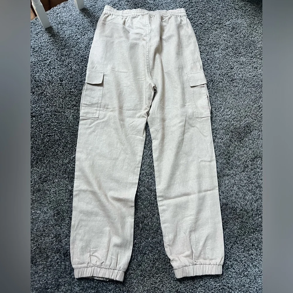 NWT Love Tree Tan Khaki Cargo Jogger Pants Women's Size Medium Linen Blend - Picture 2 of 3